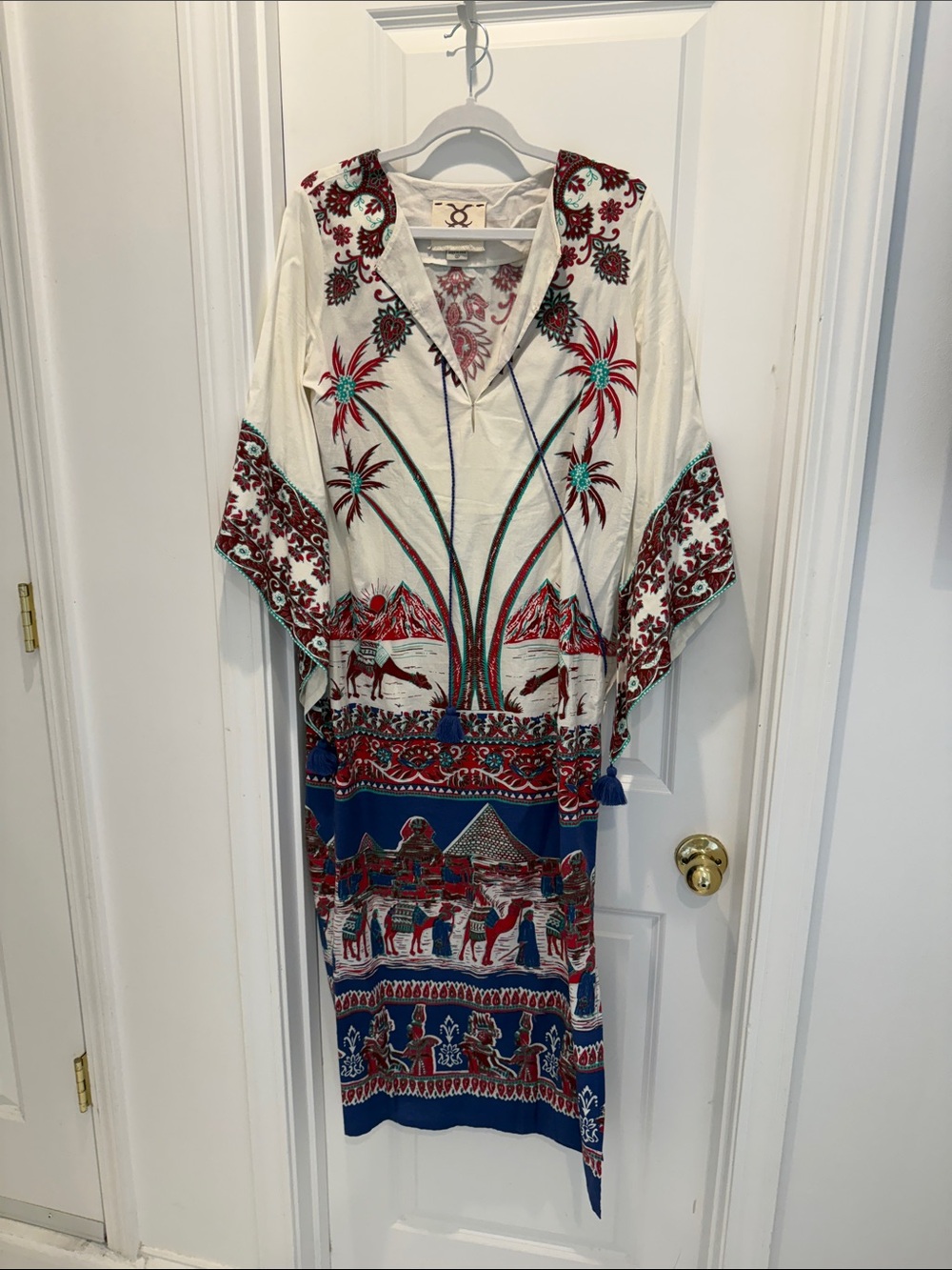 Figue Embroidered Boho Kaftan Dress in Ivory with Blue & Red Accents